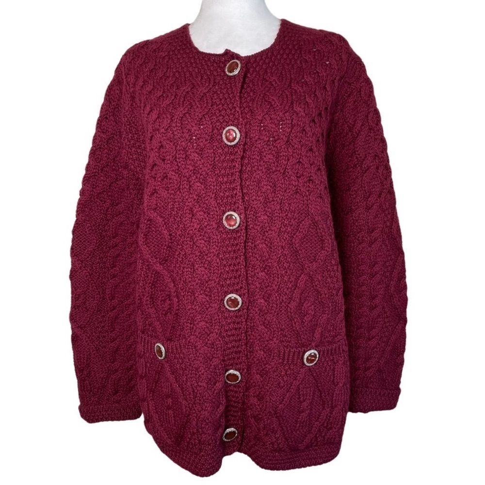 Aran Crafts Merino Wool Chunky Knit Button Front Ireland Cardigan